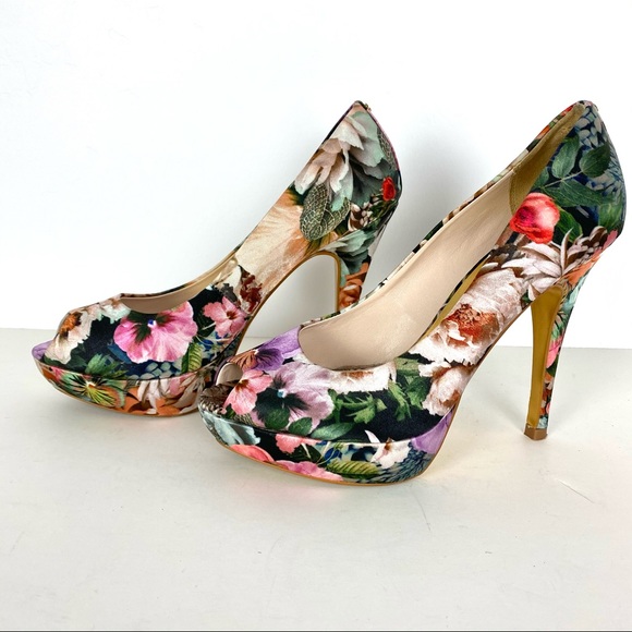 Ted Baker Svanad Green Satin Floral Leather Peep Toe Platform High Heel Pumps - Picture 7 of 7